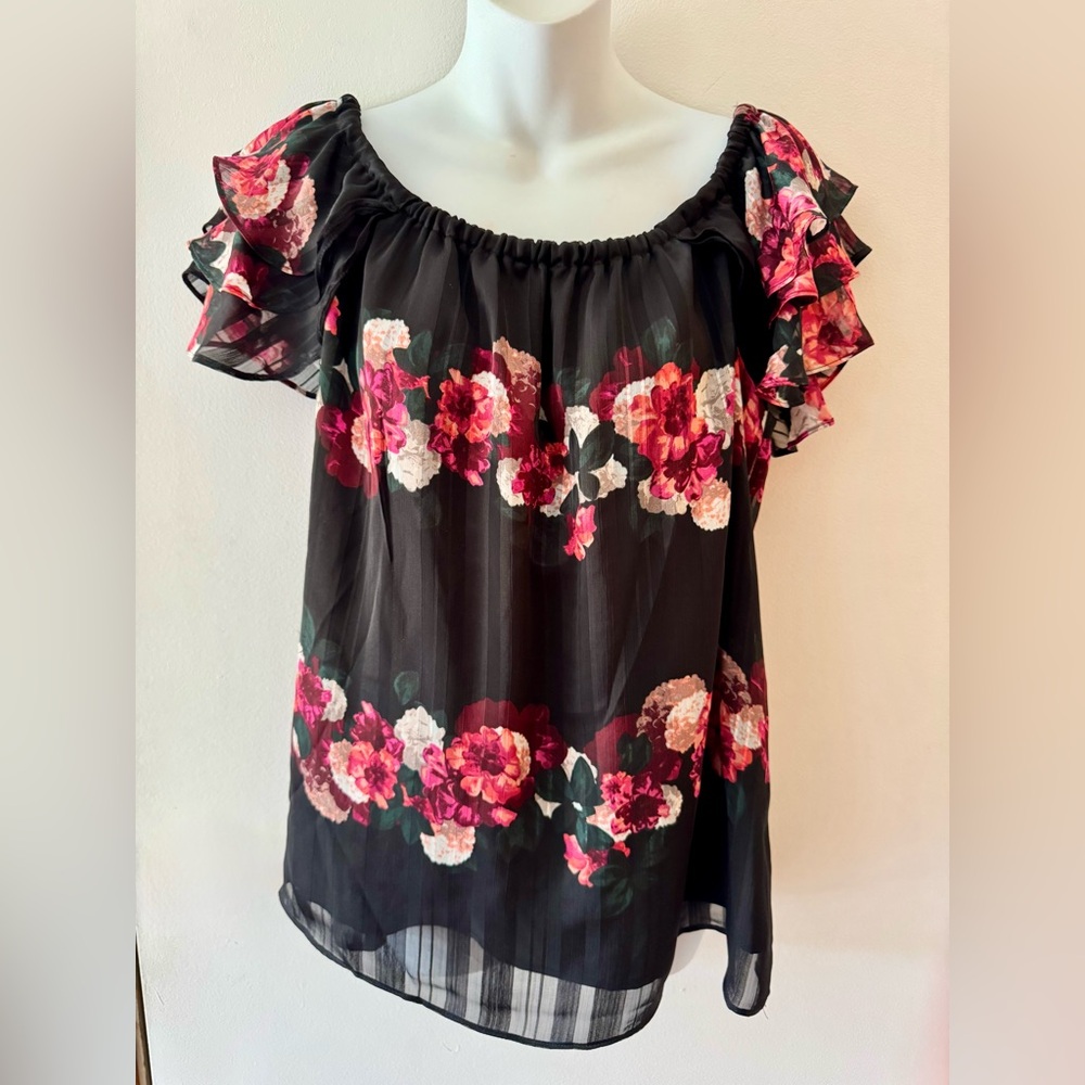 Banana Republic Black and Pink Floral Ruffle Blouse